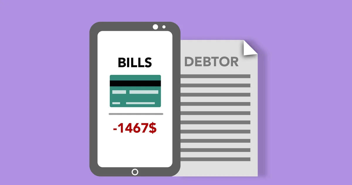 Smartphone affichant une facture et un solde négatif, à côté d'un document intitulé « DEBTOR », sur fond violet
