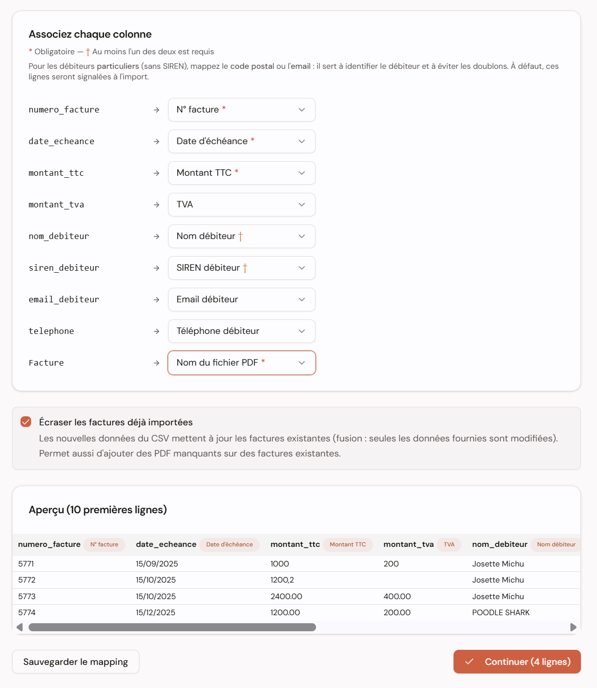 Interface de correspondance des colonnes : à gauche les colonnes de votre fichier, à droite les champs de la plateforme